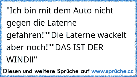 "Ich bin mit dem Auto nicht gegen die Laterne gefahren!"
"Die Laterne wackelt aber noch!"
"DAS IST DER WIND!!"