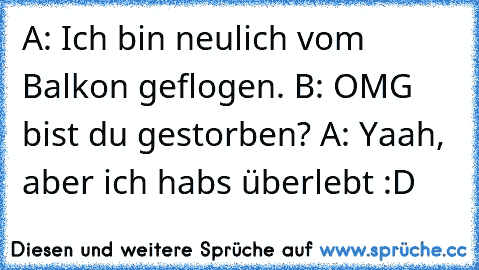 A: Ich bin neulich vom Balkon geflogen.
 B: OMG bist du gestorben?
 A: Yaah, aber ich habs überlebt :D