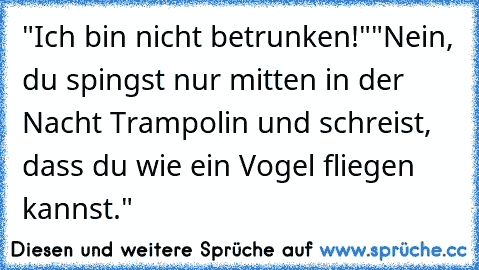 "Ich bin nicht betrunken!"
"Nein, du spingst nur mitten in der Nacht Trampolin und schreist, dass du wie ein Vogel fliegen kannst."