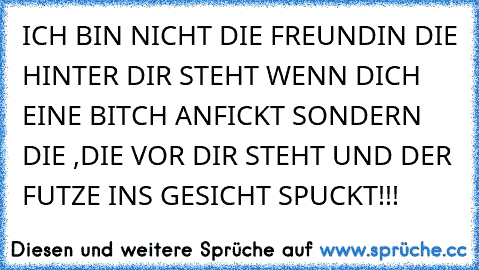 ICH BIN NICHT DIE FREUNDIN DIE HINTER DIR STEHT WENN DICH EINE BITCH ANFICKT SONDERN DIE ,DIE VOR DIR STEHT UND DER FUTZE INS GESICHT SPUCKT!!!