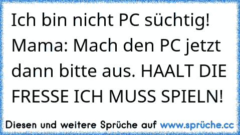 Ich bin nicht PC süchtig! Mama: Mach den PC jetzt dann bitte aus. HAALT DIE FRESSE ICH MUSS SPIELN!