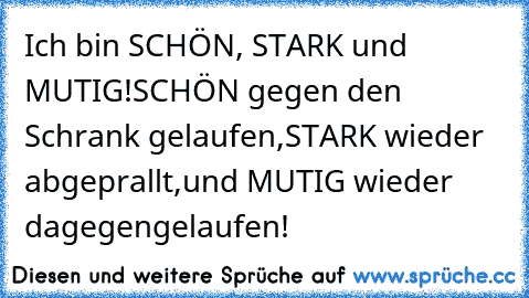 Ich bin SCHÖN, STARK und MUTIG!
SCHÖN gegen den Schrank gelaufen,
STARK wieder abgeprallt,
und MUTIG wieder dagegengelaufen!