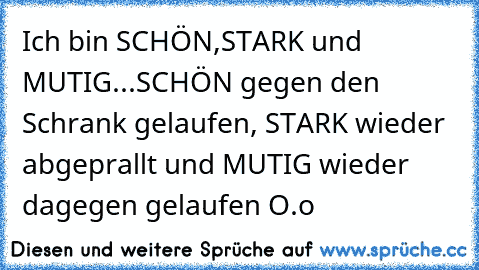 Ich bin SCHÖN,STARK und MUTIG...
SCHÖN gegen den Schrank gelaufen, STARK wieder abgeprallt und
 MUTIG wieder dagegen gelaufen O.o