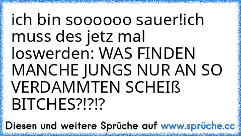 ich bin soooooo sauer!
ich muss des jetz mal loswerden: WAS FINDEN MANCHE JUNGS NUR AN SO VERDAMMTEN SCHEIß BITCHES?!?!?