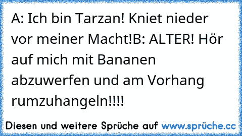 A: Ich bin Tarzan! Kniet nieder vor meiner Macht!
B: ALTER! Hör auf mich mit Bananen abzuwerfen und am Vorhang rumzuhangeln!!!!