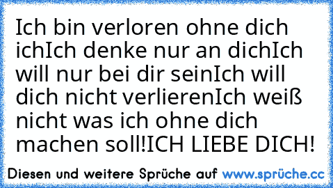 Ich bin verloren ohne dich ich
Ich denke nur an dich
Ich will nur bei dir sein
Ich will dich nicht verlieren
Ich weiß nicht was ich ohne dich machen soll!
ICH LIEBE DICH!