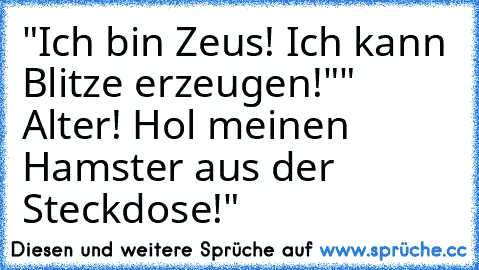 "Ich bin Zeus! Ich kann Blitze erzeugen!"
" Alter! Hol meinen Hamster aus der Steckdose!"