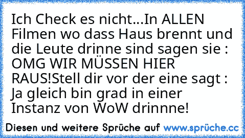 Ich Check es nicht...
In ALLEN Filmen wo dass Haus brennt und die Leute drinne sind sagen sie : OMG WIR MÜSSEN HIER RAUS!
Stell dir vor der eine sagt : Ja gleich bin grad in einer Instanz von WoW drinnne!