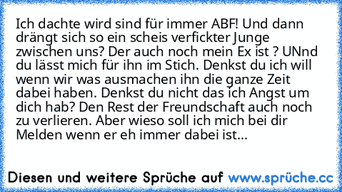 Ich dachte wird sind für immer ABF! Und dann drängt sich so ein scheis verfickter Junge zwischen uns? Der auch noch mein Ex ist ? UNnd du lässt mich für ihn im Stich. Denkst du ich will wenn wir was ausmachen ihn die ganze Zeit dabei haben. Denkst du nicht das ich Angst um dich hab? Den Rest der Freundschaft auch noch zu verlieren. Aber wieso soll ich mich bei dir Melden wenn er eh immer dabei ...