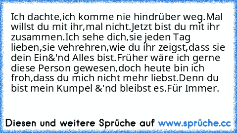 Ich dachte,ich komme nie hindrüber weg.Mal willst du mit ihr,mal nicht.Jetzt bist du mit ihr zusammen.Ich sehe dich,sie jeden Tag lieben,sie vehrehren,wie du ihr zeigst,dass sie dein Ein&'nd Alles bist.Früher wäre ich gerne diese Person gewesen,doch heute bin ich froh,dass du mich nicht mehr liebst.
Denn du bist mein Kumpel &'nd bleibst es.Für Immer.