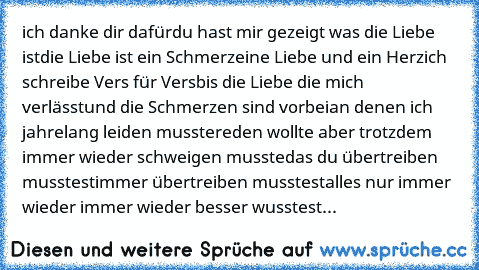 ich danke dir dafür
du hast mir gezeigt was die Liebe ist
die Liebe ist ein Schmerz
eine Liebe und ein Herz
ich schreibe Vers für Vers
bis die Liebe die mich verlässt
und die Schmerzen sind vorbei
an denen ich jahrelang leiden musste
reden wollte aber trotzdem immer wieder schweigen musste
das du übertreiben musstest
immer übertreiben musstest
alles nur immer wieder immer wieder besser wusstest...