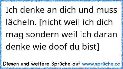 Ich denke an dich und muss lächeln. [nicht weil ich dich mag sondern weil ich daran denke wie doof du bist]