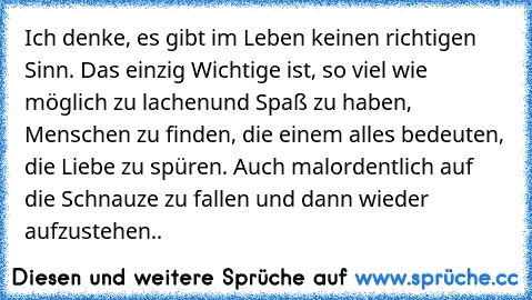 Ich denke, es gibt im Leben keinen richtigen Sinn. Das einzig Wichtige ist, so viel wie möglich zu lachen
und Spaß zu haben, Menschen zu finden, die einem alles bedeuten, die Liebe zu spüren. Auch mal
ordentlich auf die Schnauze zu fallen und dann wieder aufzustehen..