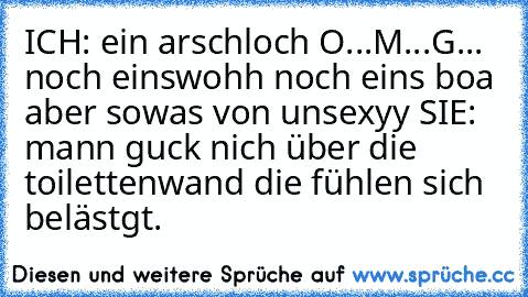 ICH: ein arschloch O...M...G... noch eins
wohh noch eins boa aber sowas von unsexyy 
SIE: mann guck nich über die toilettenwand die fühlen sich belästgt.