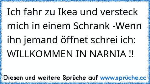 Ich fahr zu Ikea und versteck mich in einem Schrank -
Wenn ihn jemand öffnet schrei ich: WILLKOMMEN IN NARNIA !!