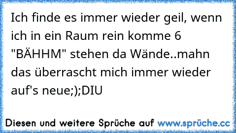 Ich finde es immer wieder geil, wenn ich in ein Raum rein komme 6 "BÄHHM" stehen da Wände..mahn das überrascht mich immer wieder auf's neue;);D
I♥U