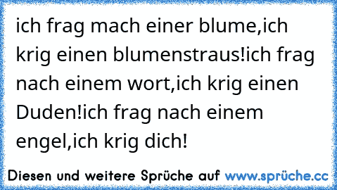 ich frag mach einer blume,
ich krig einen blumenstraus!
ich frag nach einem wort,
ich krig einen Duden!
ich frag nach einem engel,
ich krig dich!♥