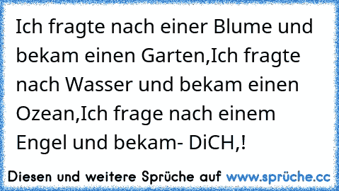 Ich fragte nach einer Blume und bekam einen Garten,
Ich fragte nach Wasser und bekam einen Ozean,
Ich frage nach einem Engel und bekam- DiCH,!♥