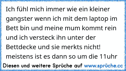 Ich fühl mich immer wie ein kleiner gangster wenn ich mit dem laptop im Bett bin und meine mum kommt rein und ich versteck ihn unter der Bettdecke und sie merkts nicht! meistens ist es dann so um die 11uhr