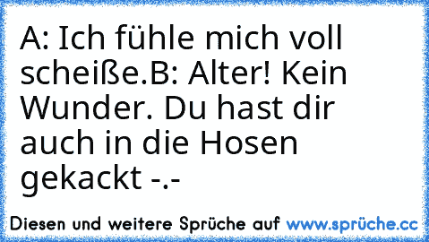 A: Ich fühle mich voll scheiße.
B: Alter! Kein Wunder. Du hast dir auch in die Hosen gekackt -.-