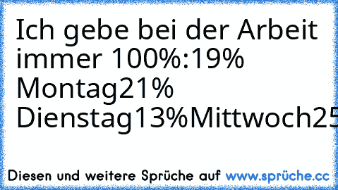 Ich gebe bei der Arbeit immer 100%:
19% Montag
21% Dienstag
13%Mittwoch
25%Donnerstag
22%