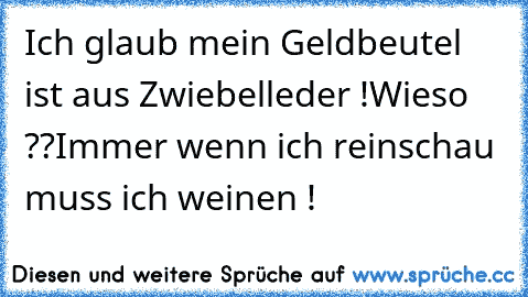 Ich glaub mein Geldbeutel ist aus Zwiebelleder !
Wieso ??
Immer wenn ich reinschau muss ich weinen !