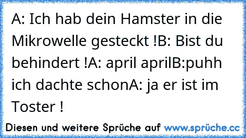 A: Ich hab dein Hamster in die Mikrowelle gesteckt !
B: Bist du behindert !
A: april april
B:puhh ich dachte schon
A: ja er ist im Toster !