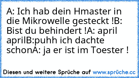 A: Ich hab dein Hmaster in die Mikrowelle gesteckt !
B: Bist du behindert !
A: april april
B:puhh ich dachte schon
A: ja er ist im Toester !