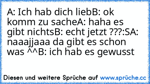 A: Ich hab dich lieb
B: ok komm zu sache
A: haha es gibt nichts
B: echt jetzt ???:S
A: naaajjaaa da gibt es schon was ^^
B: ich hab es gewusst