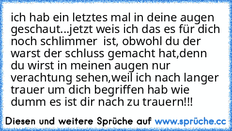 ich hab ein letztes mal in deine augen geschaut...
jetzt weis ich das es für dich noch schlimmer  ist, obwohl du der warst der schluss gemacht hat,
denn du wirst in meinen augen nur verachtung sehen,
weil ich nach langer trauer um dich begriffen hab wie dumm es ist dir nach zu trauern!!!