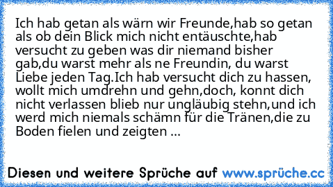 Ich hab getan als wärn wir Freunde,
hab so getan als ob dein Blick mich nicht entäuschte,
hab versucht zu geben was dir niemand bisher gab,
du warst mehr als ne Freundin, du warst Liebe jeden Tag.
Ich hab versucht dich zu hassen, wollt mich umdrehn und gehn,
doch, konnt dich nicht verlassen blieb nur ungläubig stehn,
und ich werd mich niemals schämn für die Tränen,
die zu Boden fielen und zeigt...