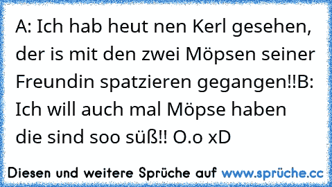 A: Ich hab heut nen Kerl gesehen, der is mit den zwei Möpsen seiner Freundin spatzieren gegangen!!
B: Ich will auch mal Möpse haben die sind soo süß!! O.o xD