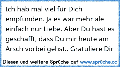 Ich hab mal viel für Dich empfunden. Ja es war mehr ale einfach nur Liebe. Aber Du hast es geschafft, dass Du mir heute am Arsch vorbei gehst.. Gratuliere Dir