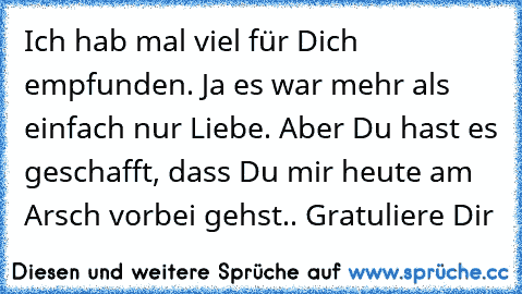 Ich hab mal viel für Dich empfunden. Ja es war mehr als einfach nur Liebe. Aber Du hast es geschafft, dass Du mir heute am Arsch vorbei gehst.. Gratuliere Dir