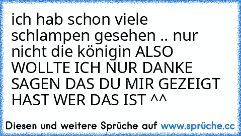 ich hab schon viele schlampen gesehen .. nur nicht die königin ALSO WOLLTE ICH NUR DANKE SAGEN DAS DU MIR GEZEIGT HAST WER DAS IST ^^