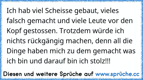 Ich hab viel Scheisse gebaut, vieles falsch gemacht und viele Leute vor den Kopf gestossen. Trotzdem würde ich nichts rückgängig machen, denn all die Dinge haben mich zu dem gemacht was ich bin und darauf bin ich stolz!!!