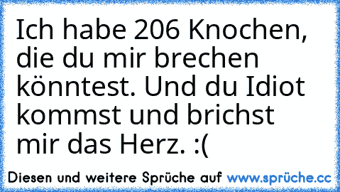 Ich habe 206 Knochen, die du mir brechen könntest. Und du Idiot kommst und brichst mir das Herz. :(