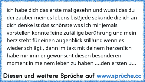 ich habe dich das erste mal gesehn und wusst das du der zauber meines lebens bist!
jede sekunde die ich an dich denke ist das schönste was ich mir jemals vorstellen konnte !eine zufällige berührung und mein herz steht für einen augenblick still!und wenn es wieder schlägt , dann im takt mit deinem herzen!ich habe mir immer gewünscht diesen besonderen moment in meinem leben zu haben ....den erste...