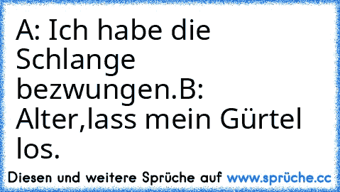 A: Ich habe die Schlange bezwungen.
B: Alter,lass mein Gürtel los.