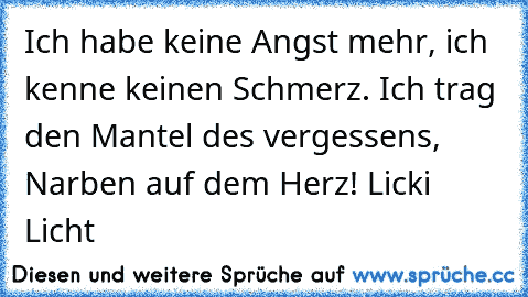 Ich habe keine Angst mehr, ich kenne keinen Schmerz. Ich trag den Mantel des vergessens, Narben auf dem Herz! Licki Licht