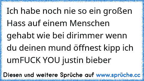 Ich habe noch nie so ein großen Hass auf einem Menschen gehabt wie bei dir
immer wenn du deinen mund öffnest kipp ich um
FUCK YOU justin bieber