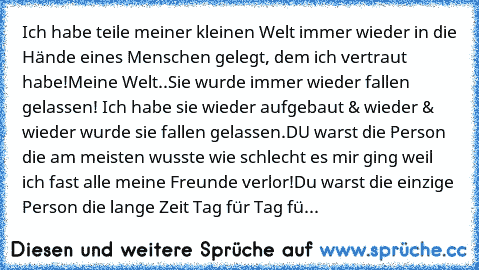 Ich habe teile meiner kleinen Welt immer wieder in die Hände eines Menschen gelegt, dem ich vertraut habe!
Meine Welt..Sie wurde immer wieder fallen gelassen! Ich habe sie wieder aufgebaut & wieder & wieder wurde sie fallen gelassen.DU warst die Person die am meisten wusste wie schlecht es mir ging weil ich fast alle meine Freunde verlor!Du warst die einzige Person die lange Zeit Tag für Tag fü...