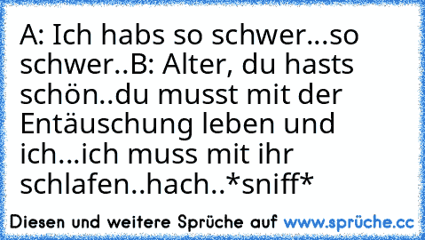 A: Ich habs so schwer...so schwer..
B: Alter, du hasts schön..du musst mit der Entäuschung leben und ich...ich muss mit ihr schlafen..hach..*sniff*