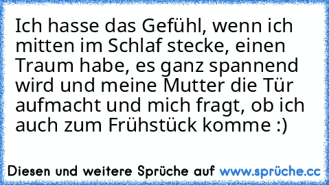 Ich hasse das Gefühl, wenn ich mitten im Schlaf stecke, einen Traum habe, es ganz spannend wird und meine Mutter die Tür aufmacht und mich fragt, ob ich auch zum Frühstück komme :)