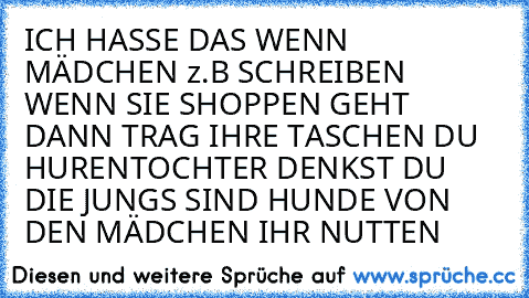 ICH HASSE DAS WENN MÄDCHEN z.B SCHREIBEN WENN SIE SHOPPEN GEHT DANN TRAG IHRE TASCHEN DU HURENTOCHTER DENKST DU DIE JUNGS SIND HUNDE VON DEN MÄDCHEN IHR NUTTEN