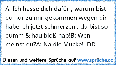 A: Ich hasse dich dafür , warum bist du nur zu mir gekommen wegen dir habe ich jetzt schmerzen , du bist so dumm & hau bloß hab!
B: Wen meinst du?
A: Na die Mücke! :DD