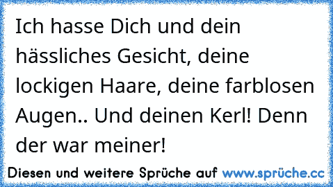 Ich hasse Dich und dein hässliches Gesicht, deine lockigen Haare, deine farblosen Augen.. Und deinen Kerl! Denn der war meiner!