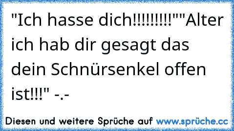 "Ich hasse dich!!!!!!!!!"
"Alter ich hab dir gesagt das dein Schnürsenkel offen ist!!!" -.-