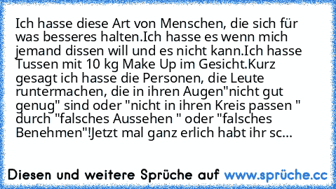 Ich hasse diese Art von Menschen, die sich für was besseres halten.
Ich hasse es wenn mich jemand dissen will und es nicht kann.
Ich hasse Tussen mit 10 kg Make Up im Gesicht.
Kurz gesagt ich hasse die Personen, die Leute runtermachen, die in ihren Augen
"nicht gut genug" sind oder "nicht in ihren Kreis passen " durch "falsches Aussehen " oder 
"falsches Benehmen"!Jetzt mal ganz erlich habt ihr...