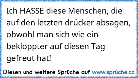 Ich HASSE diese Menschen, die auf den letzten drücker absagen, obwohl man sich wie ein bekloppter auf diesen Tag gefreut hat!